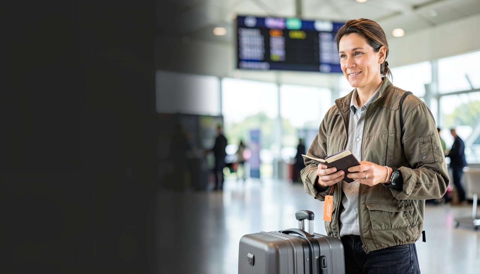 Long-term traveller with a passport and suitcase at an international airport